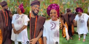 Actress Bimbo Ademoye says as she rocks Agbada and trouser to Kunle Remi’s traditional wedding