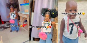 Nigerian Mom cries out after little daughter returns home with bald head after installing braided wig