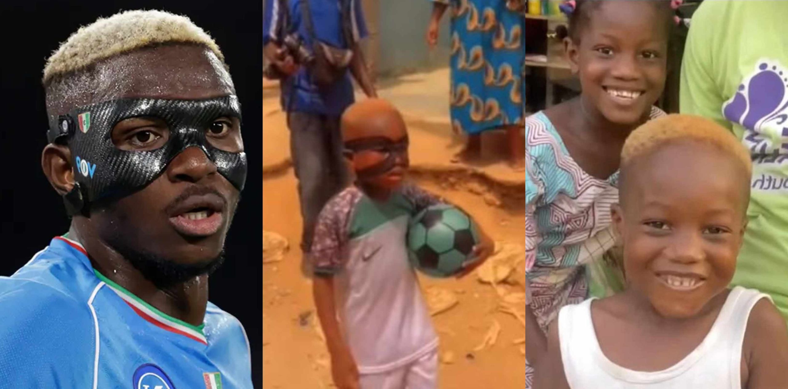 Footballer Victor Osimhen gifts a little Ivorian boy, who dressed like him with a mask, the sum of N2.5M