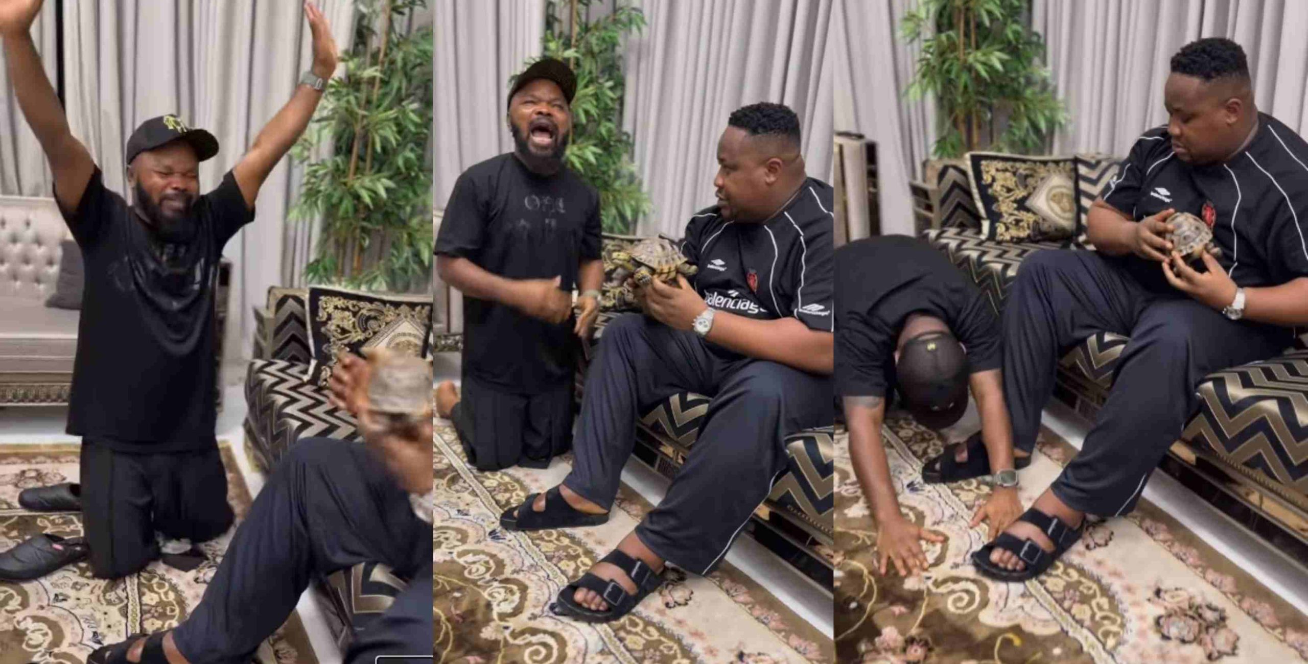 Moment Nedu Wazobi loses it as Cubana Chiefpriest shows him a tortoise that vomits $1billion for him 