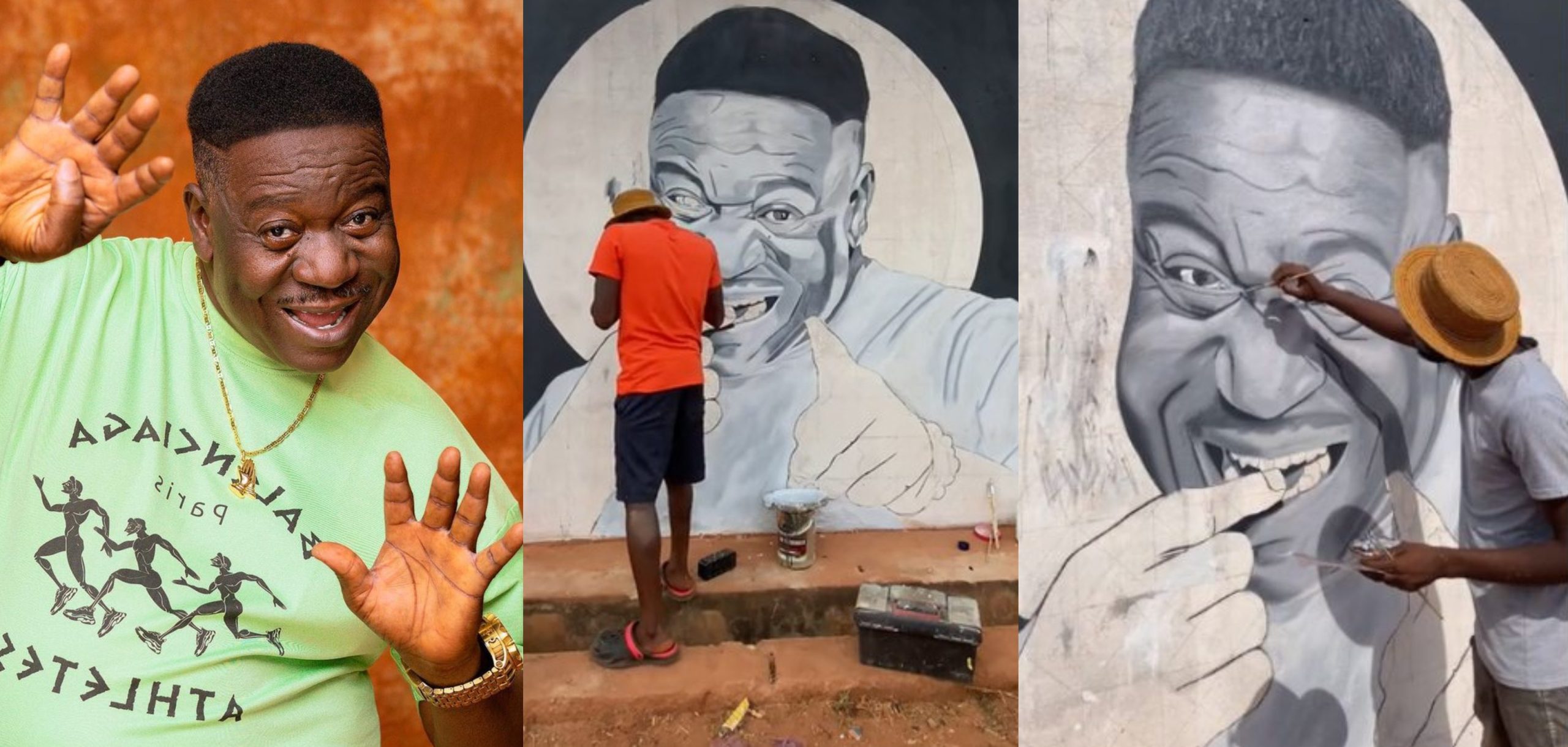 Nigerian artist pays tribute to Mr Ibu as he paints his portrait on house wall