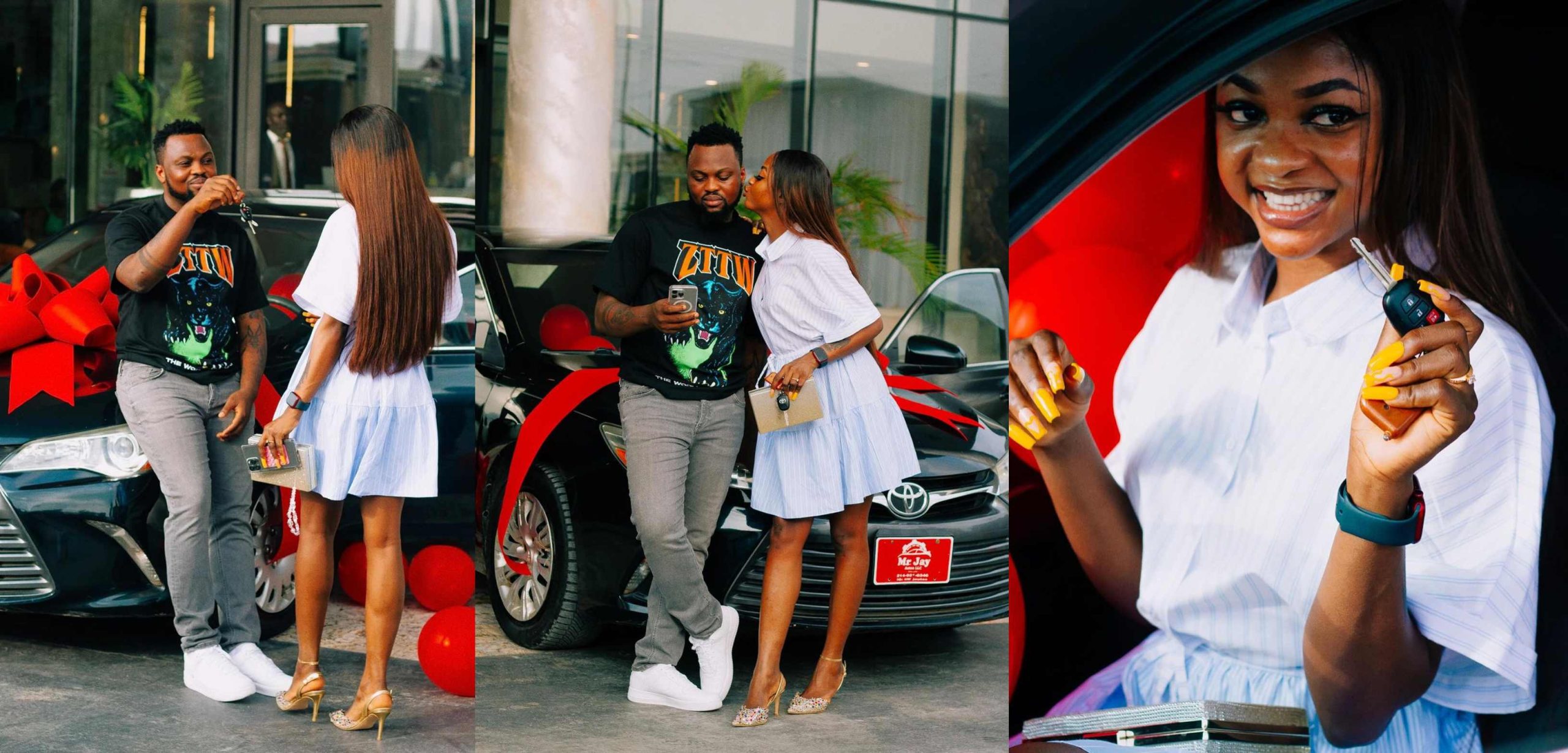 “That is massive baby, You deserve it all baby” – Content creator Egungun buys fiancée Toyota Camry car, fans react (Photos)