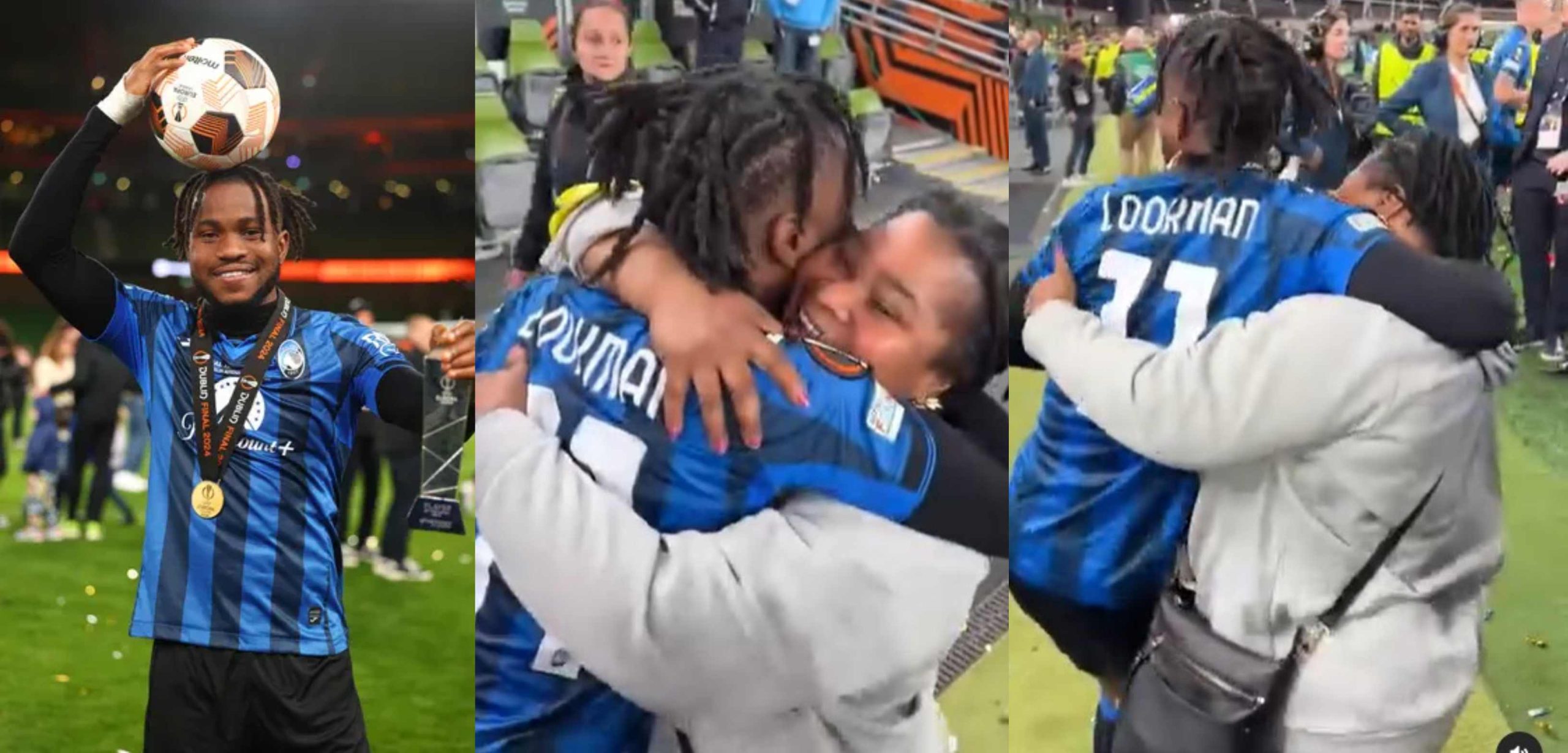 Moment Nigerian player Ademola Lookman celebrates with mum after Europa League trophy