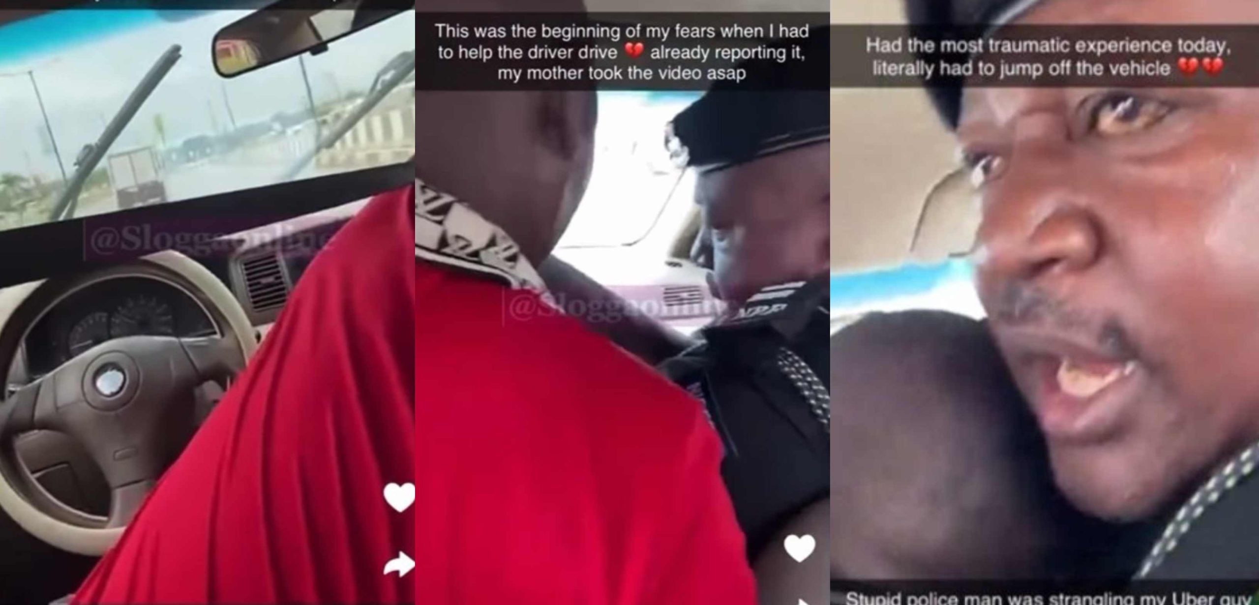 “This is nonsense, Police is not our friend” – Nigerian Police officer spotted strangling an Uber driver while driving at full speed [Video]