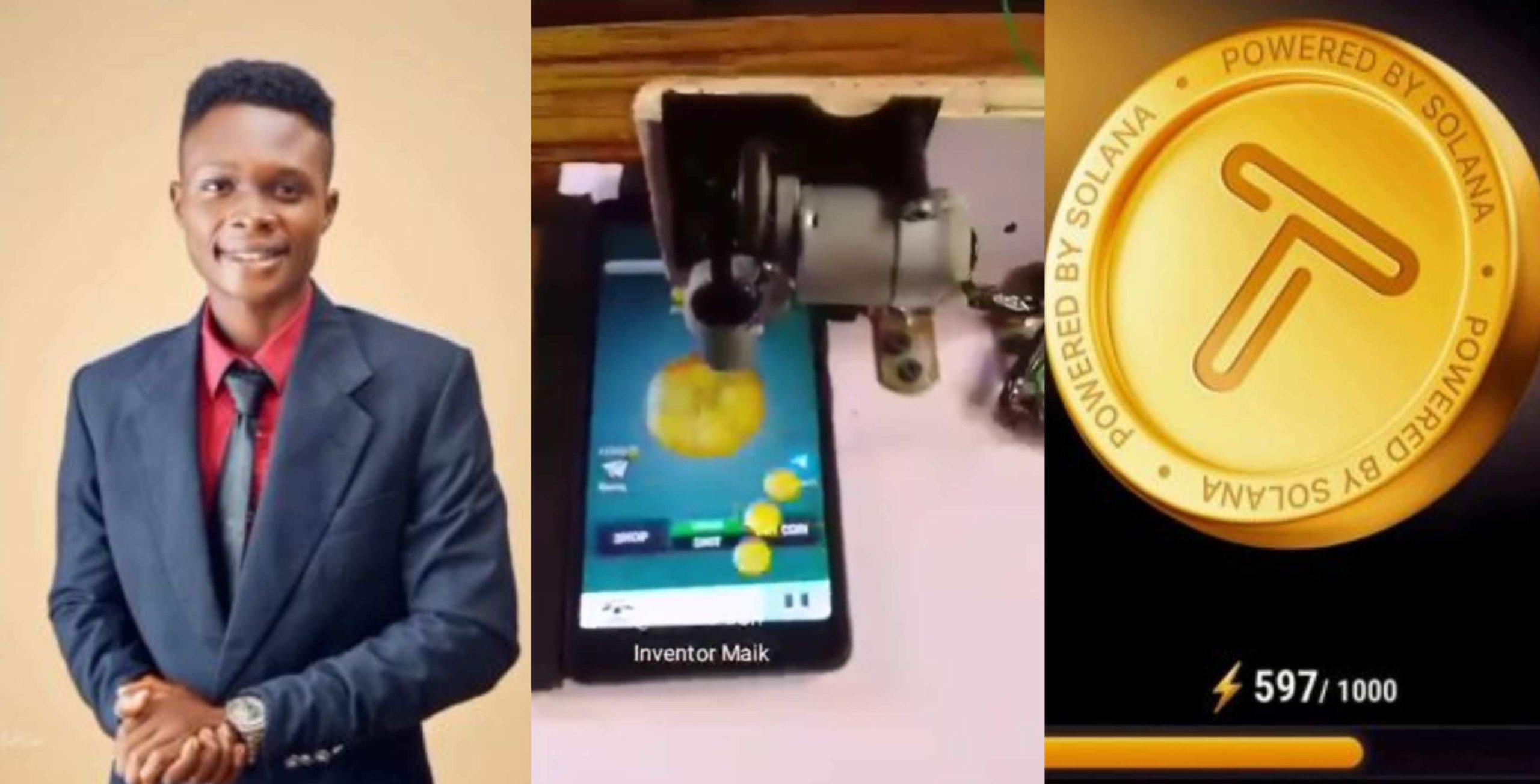 Nigerian man builds tapping device that mines coins faster without using fingers, shows how it works 