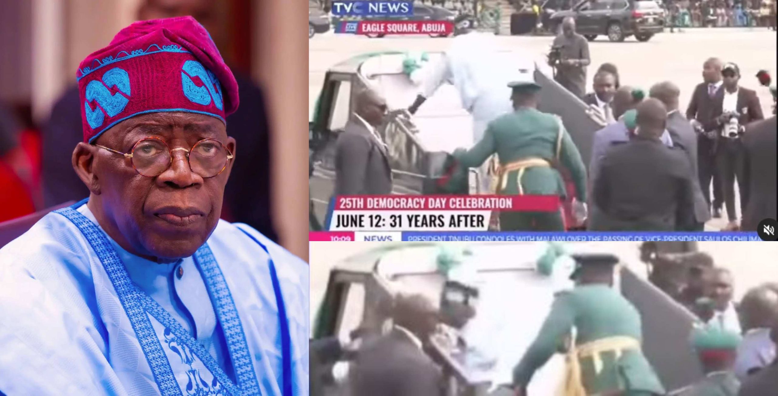 Nigerians react as President Tinubu falls while climbing a parade car for Democracy Day celebration today