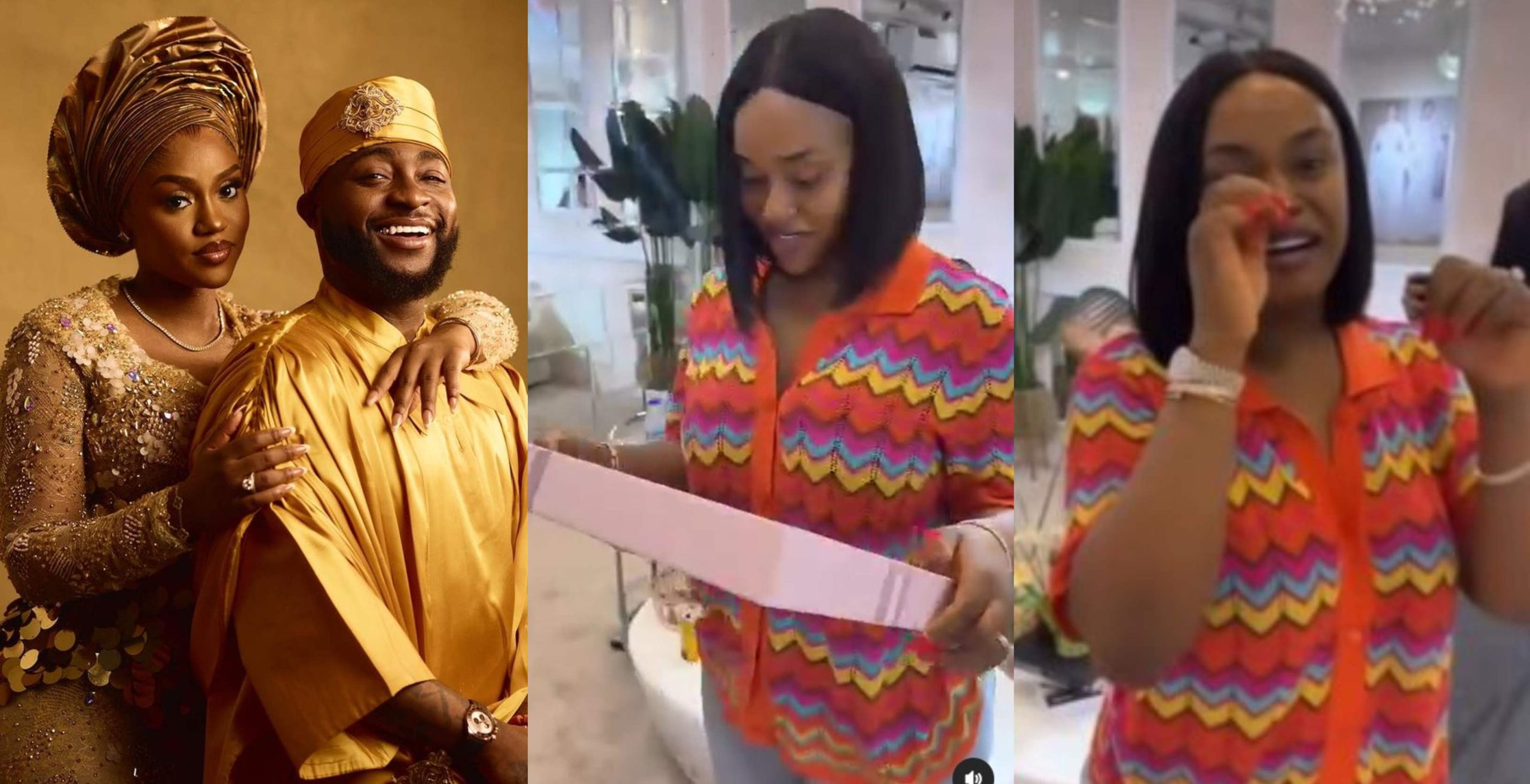 Reactions trail as Davido bride Chioma gets teary over attached note while picking up her wedding dress