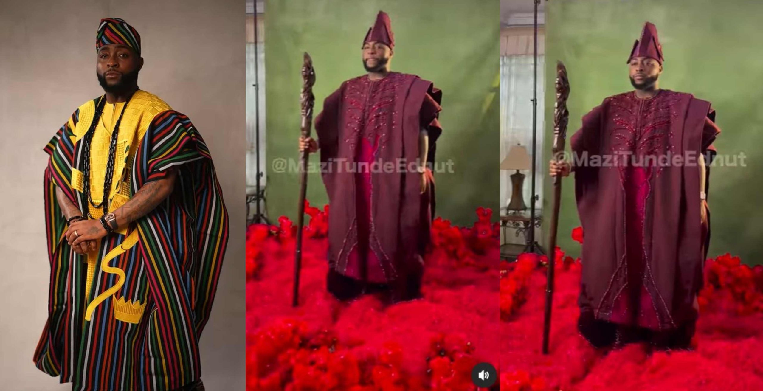 Reactions trail as Davido rocks kingship outfit for traditional wedding with Chioma