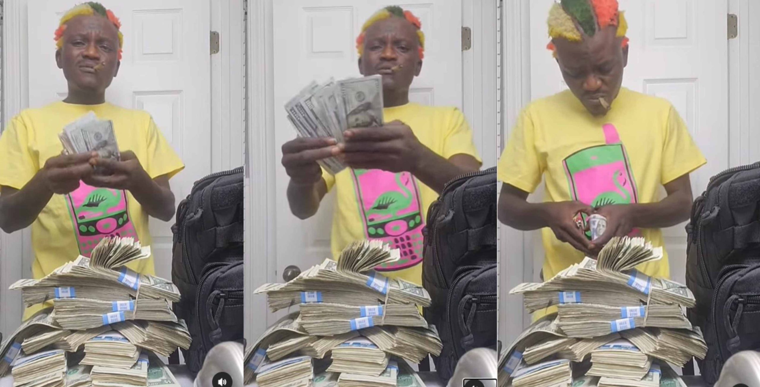 Singer Portable sparks reactions online as he flaunts stacks of dollars barely 2 days in America