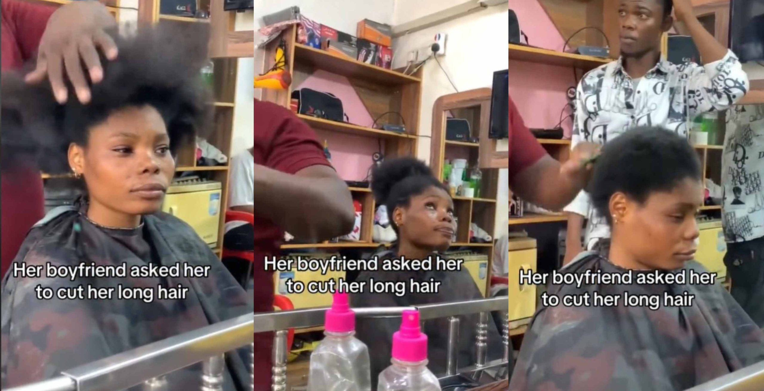 Nigerian Man orders girlfriend to cut her long hair for getting many males attention, video sparks reactions online