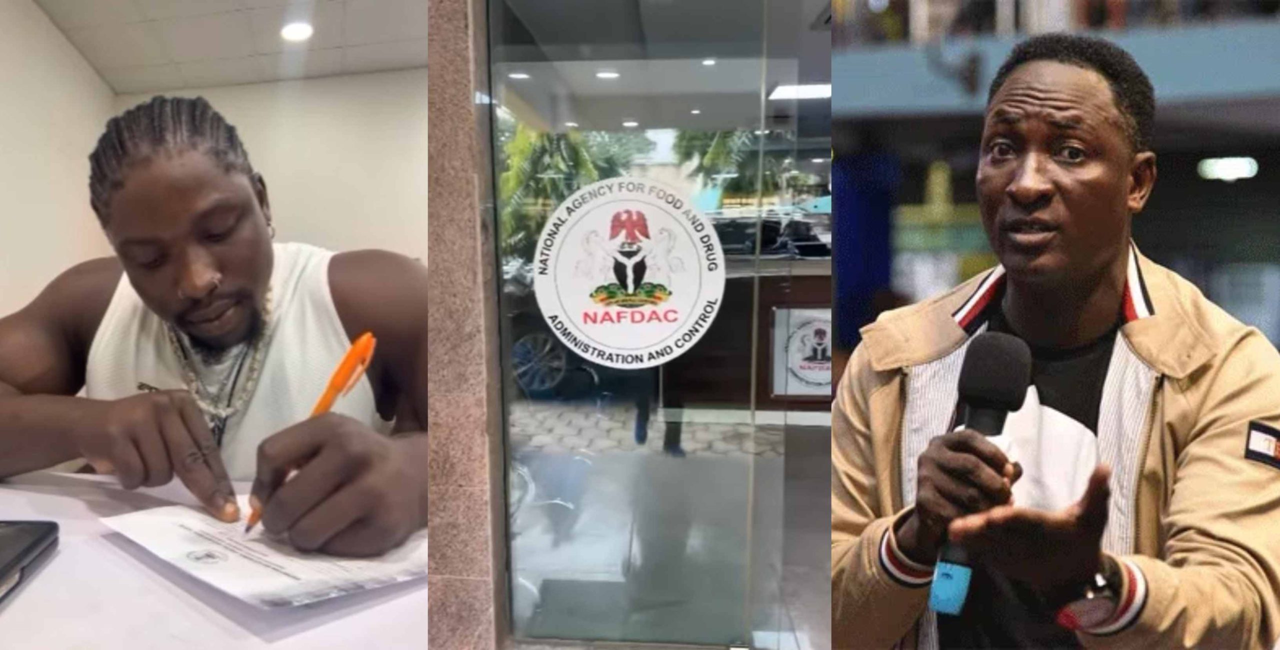 Moment Verydarkman storms NAFDAC office with prophet Jeremiah Fufeyin’s miracle soap and water, files complaints against products