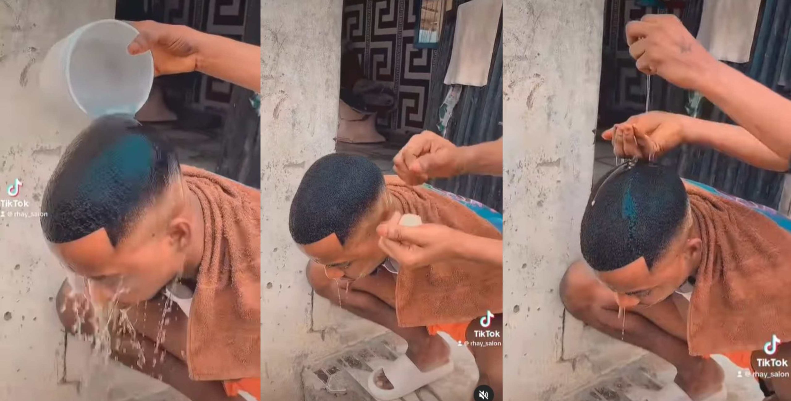 “Person go barb hair finish, fliess go Dey follow am” – Reactions as barber spotted using egg to wash the head of his client after giving him amazing haircut [Video]