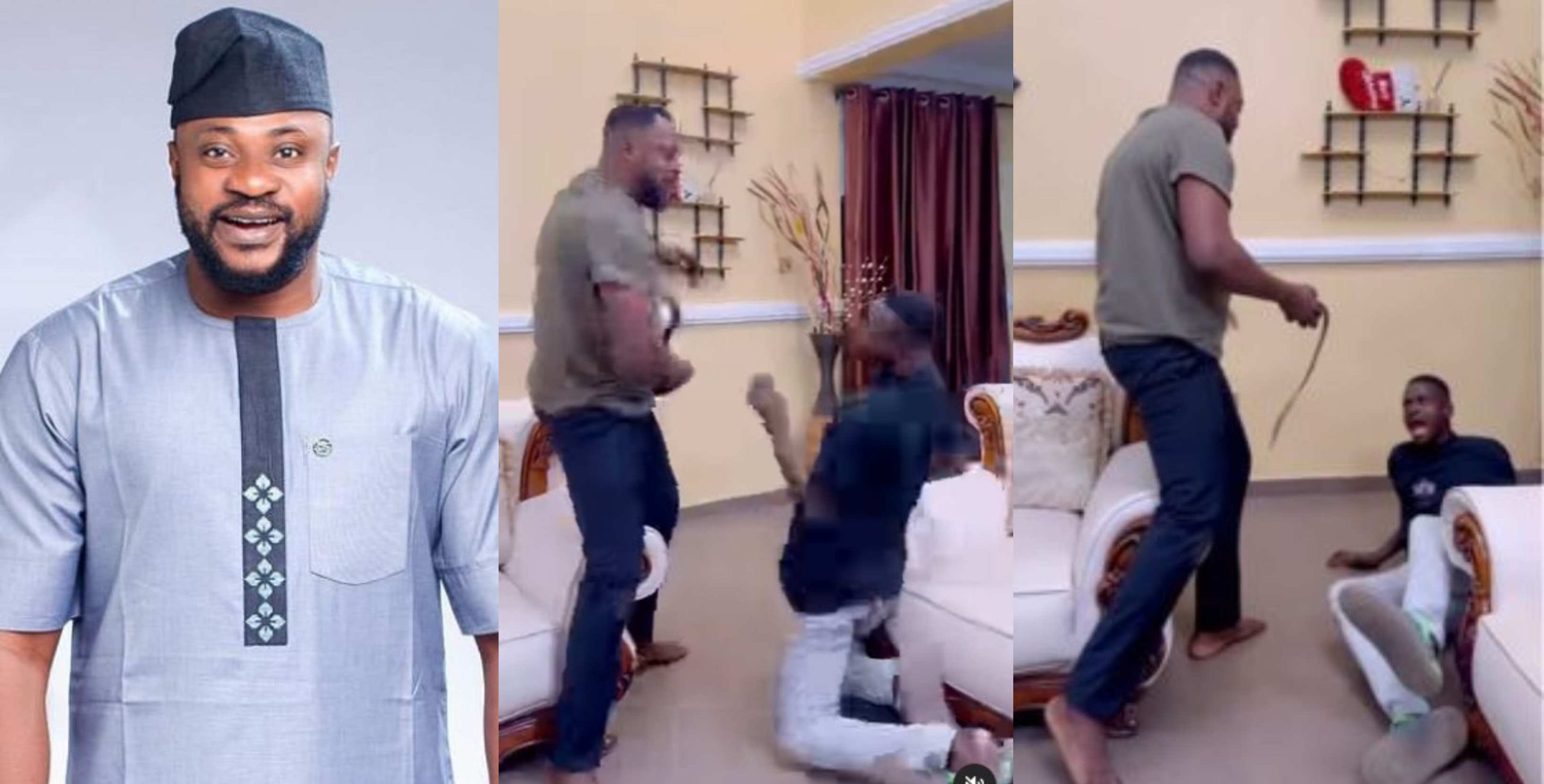 Reactions trail as Odunlade Adekola mercilessly beats junior colleague with belt on movie set