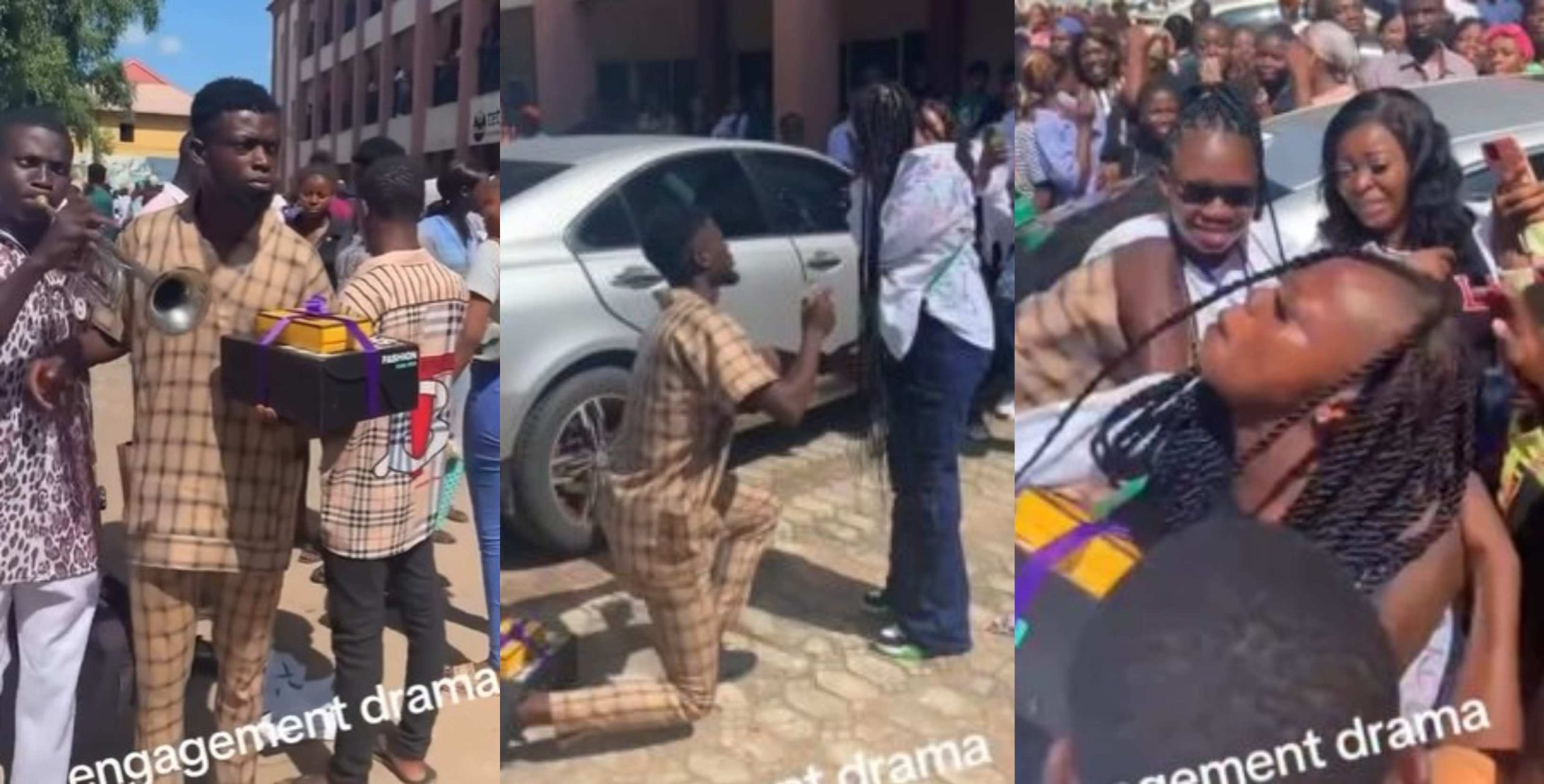 Lady beats boyfriend mercilessly as he publicly proposes to her on sign-out day